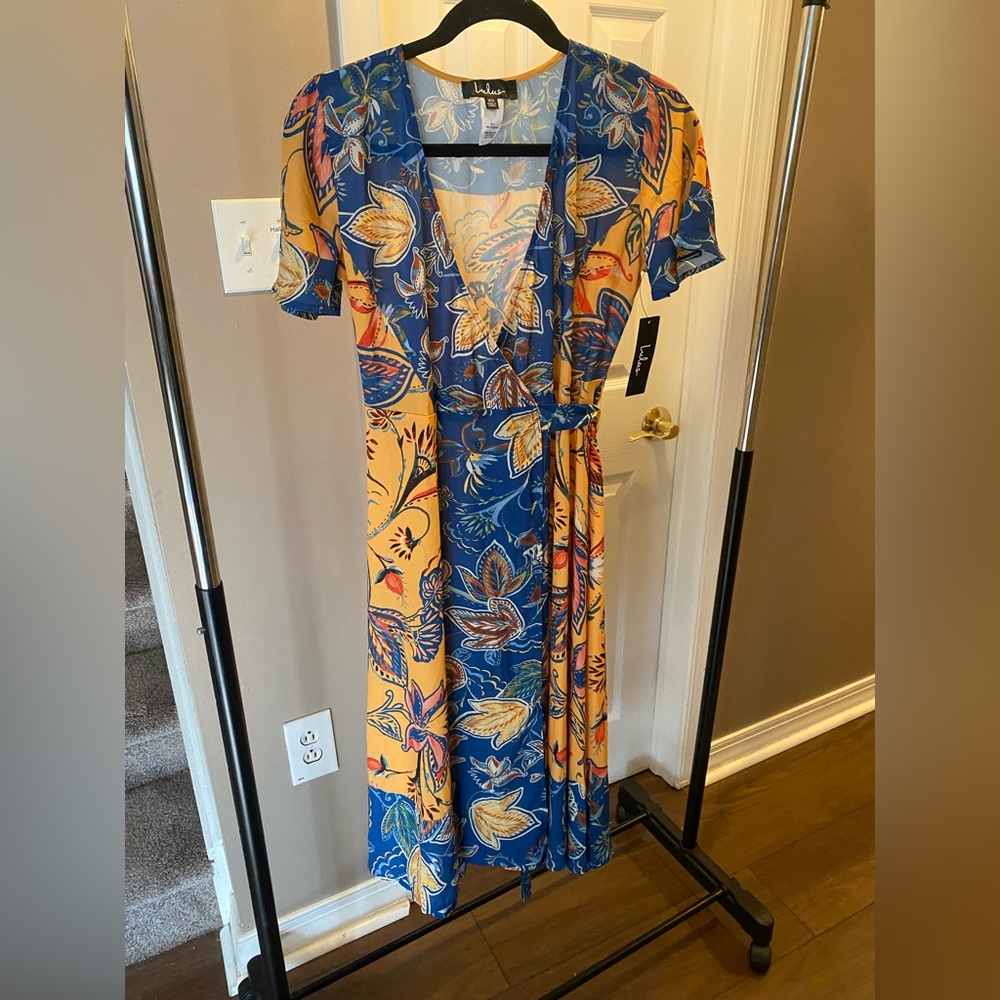 Lulus Atlantis Blue & Yellow Print Wrap Midi Dress - Picture 4 of 9